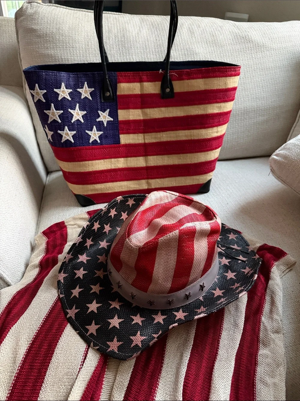 Rue21 Red White and Blue Patriotic Woven Tote with Matching Hat